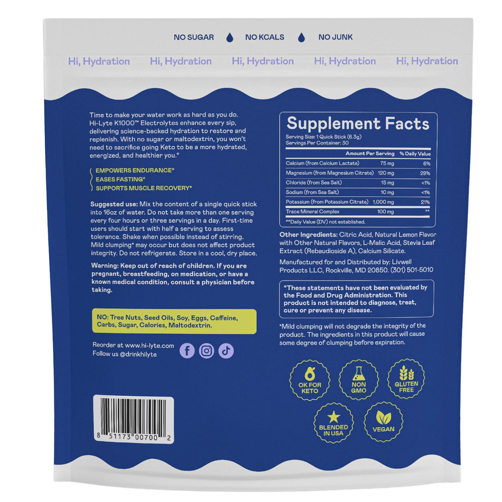 Hi-Lyte K1000 Quick Stix vegan gluten-free packaging with clean ingredients.