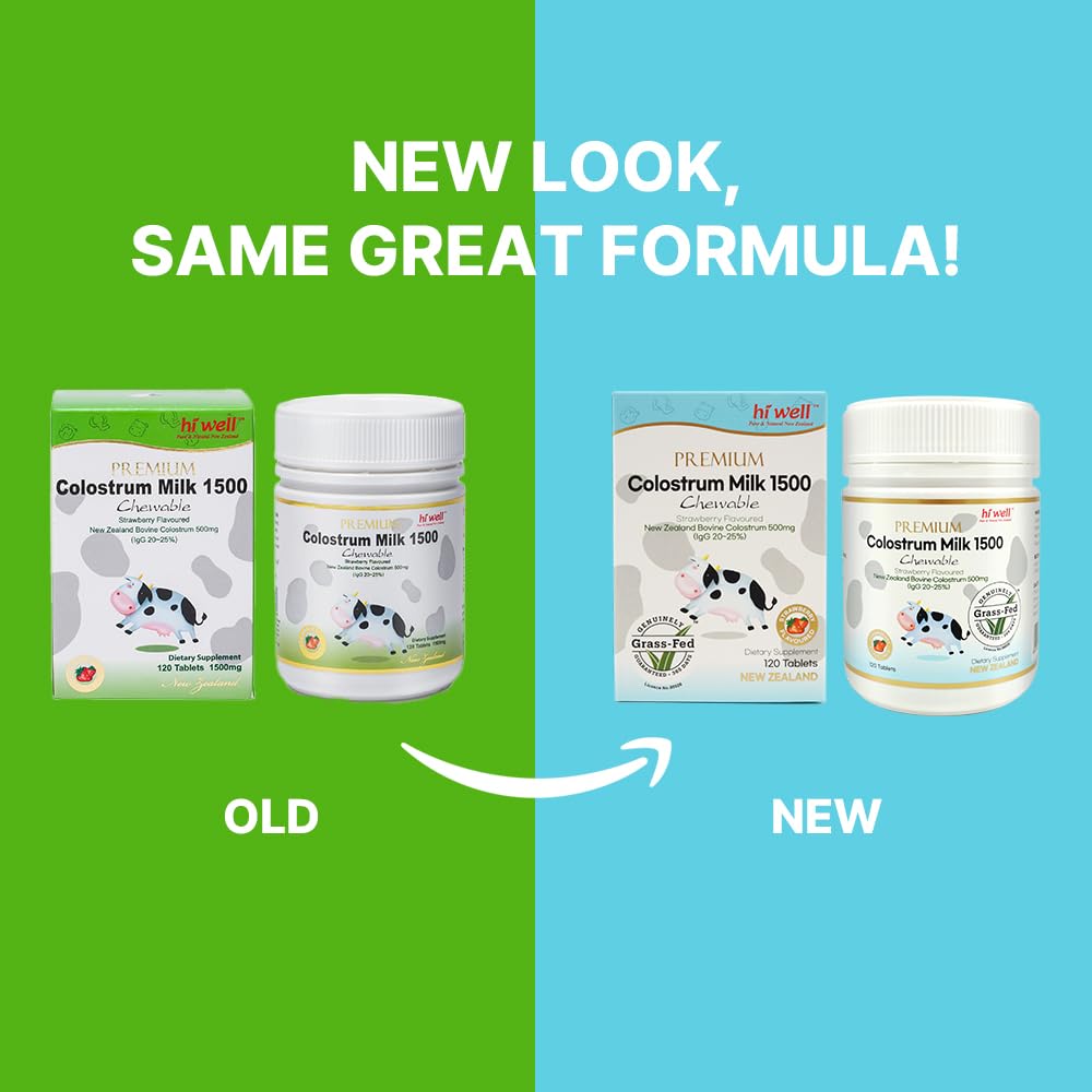 Hi Well Colostrum 1500 packaging and tablets