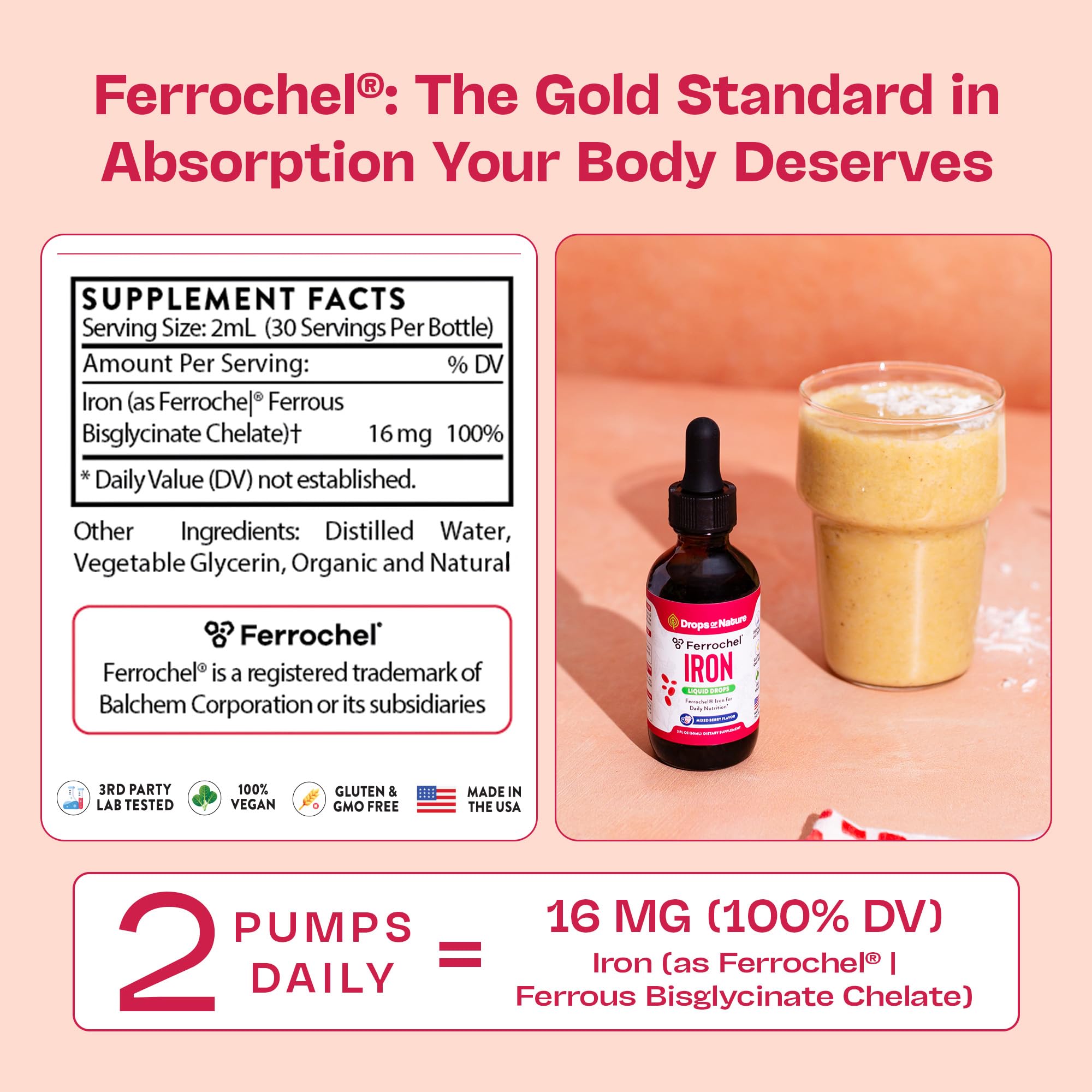 High absorption iron bisglycinate liquid drops