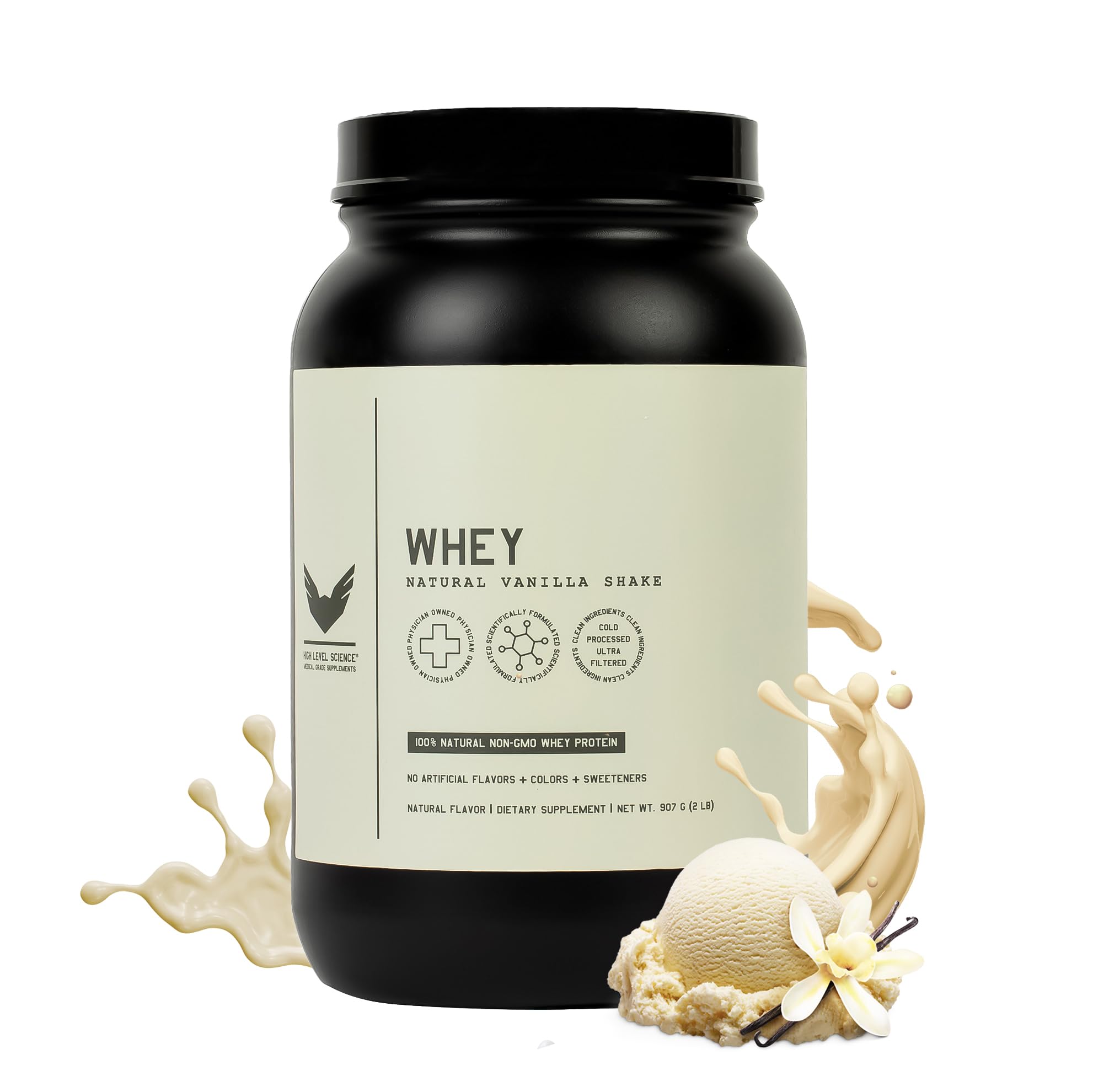 High Level whey protein vanilla bottle supports lean muscle with clean nutrition.