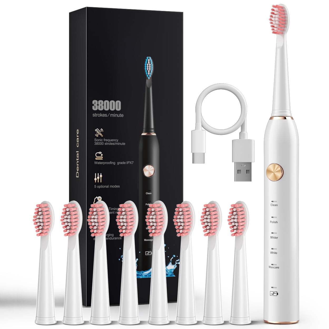 High vibration 38000 VPM sonic toothbrush in white