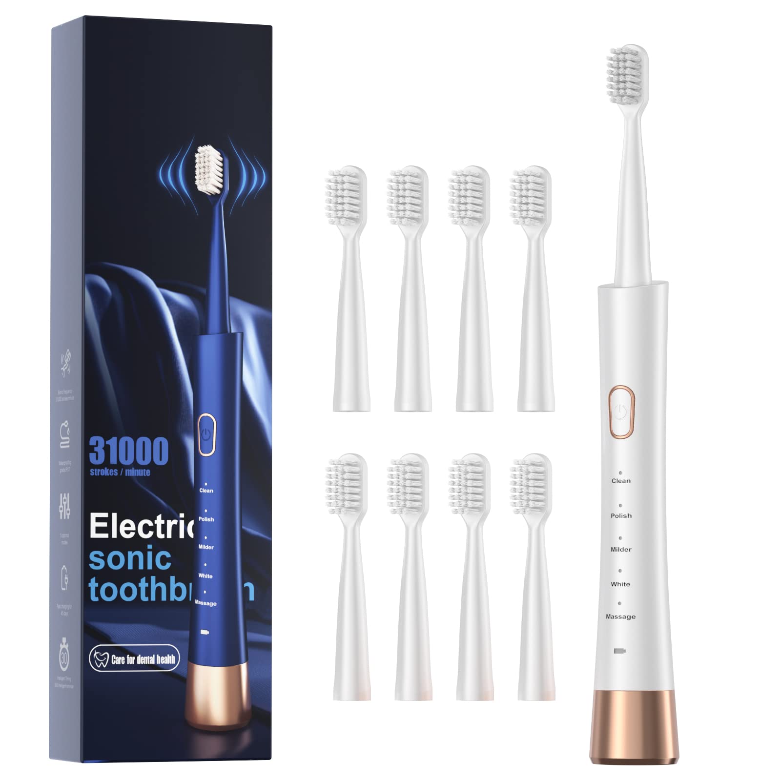 High Vibration Sonic Electric Toothbrush – front view in white