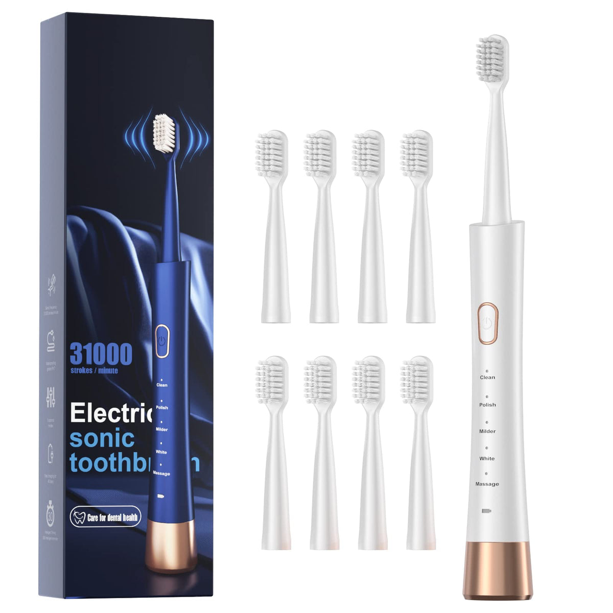High Vibration Sonic Electric Toothbrush – front view in white