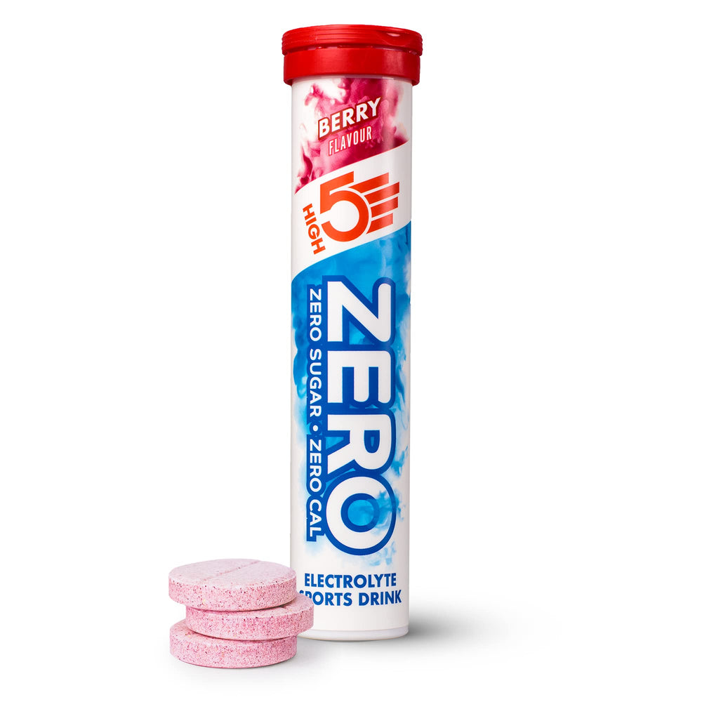 High5 Zero-Berry tube in hand for portable hydration during workouts.