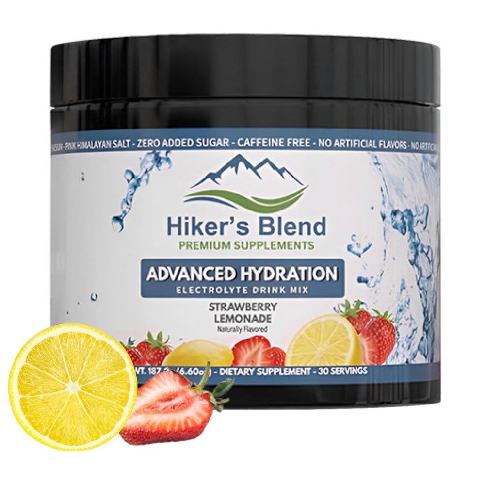 Front view of Hiker's Blend Strawberry Lemonade hydration electrolyte mix