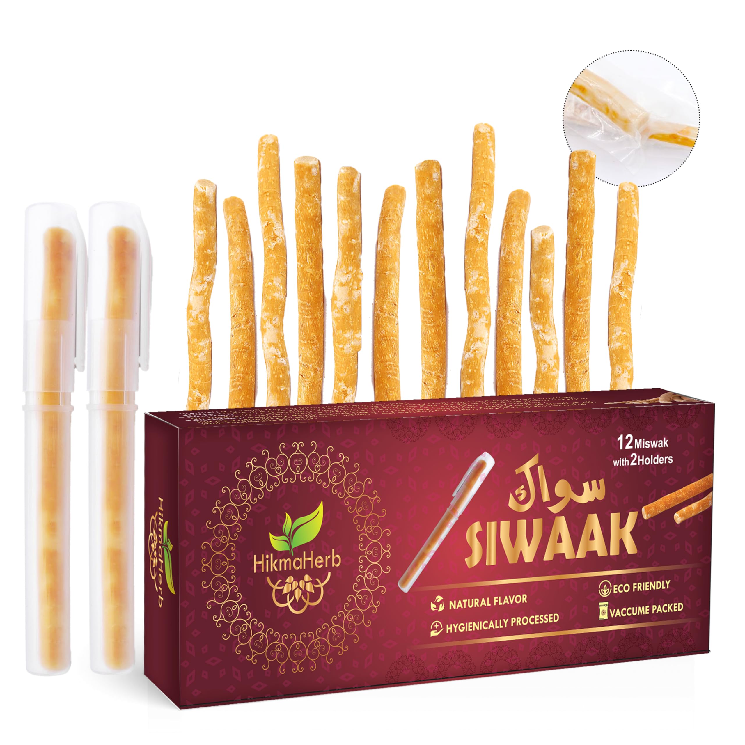 HikmaHerb Miswak Pack of 12 sticks with 2 holders, vacuum sealed
