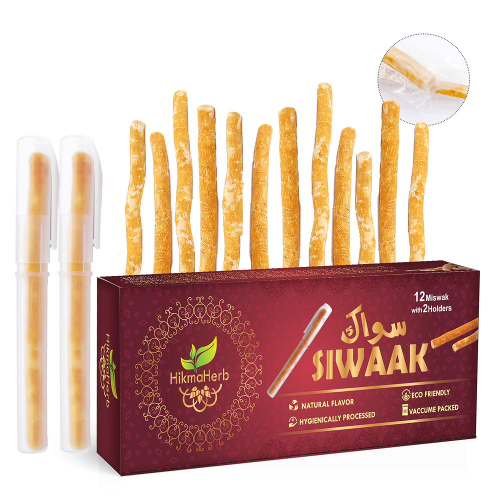 HikmaHerb Miswak Pack of 12 sticks with 2 holders, vacuum sealed