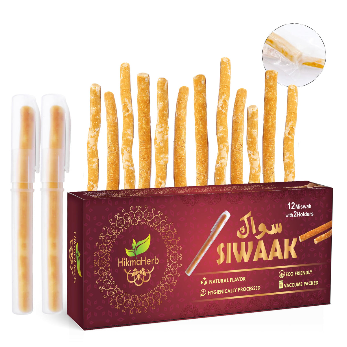 HikmaHerb Miswak Pack of 12 sticks with 2 holders, vacuum sealed