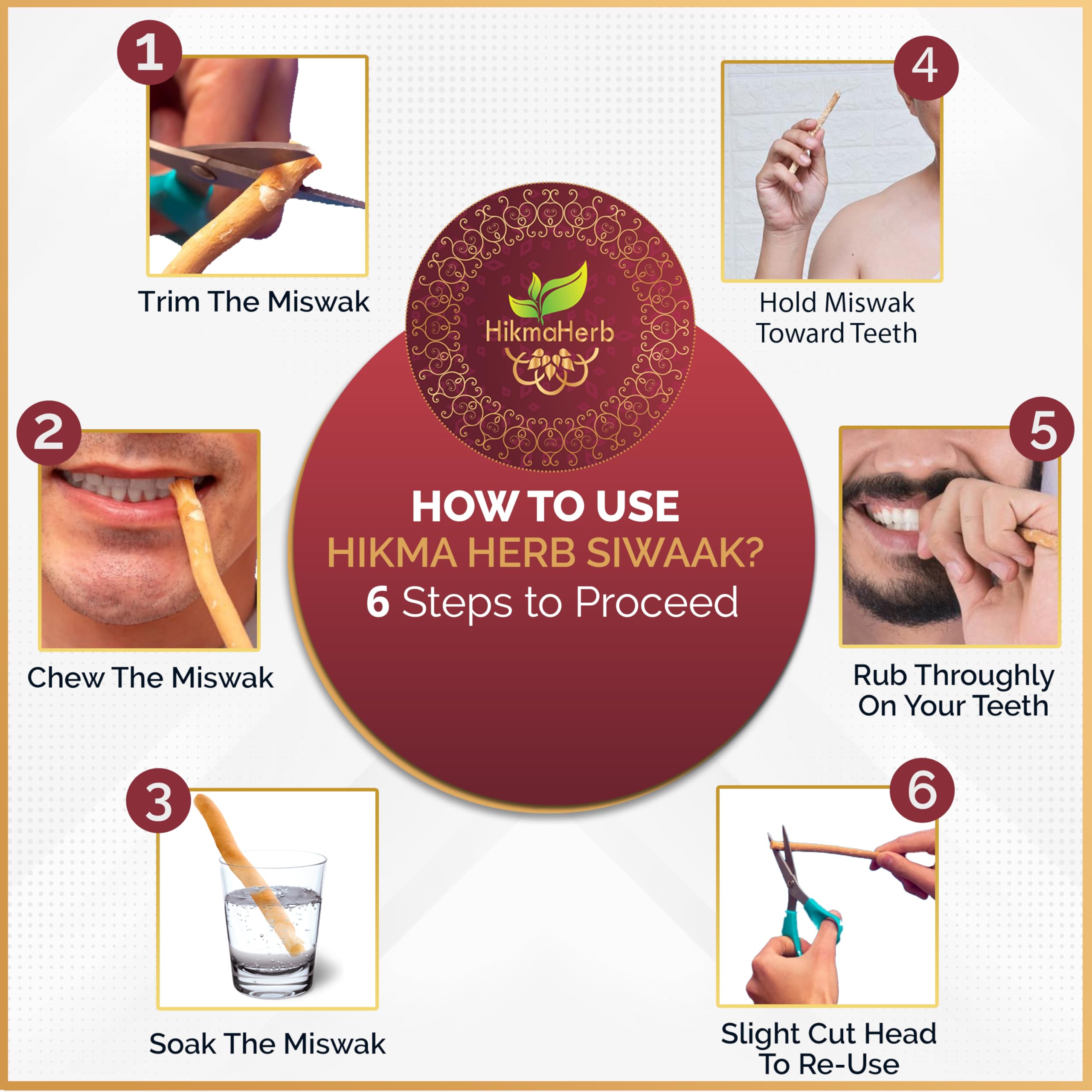 Using miswak: wet the tip and brush like a toothbrush