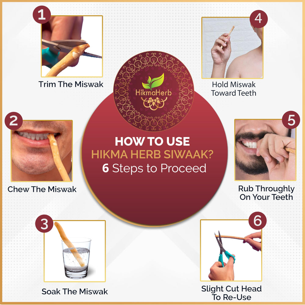 Using miswak: wet the tip and brush like a toothbrush