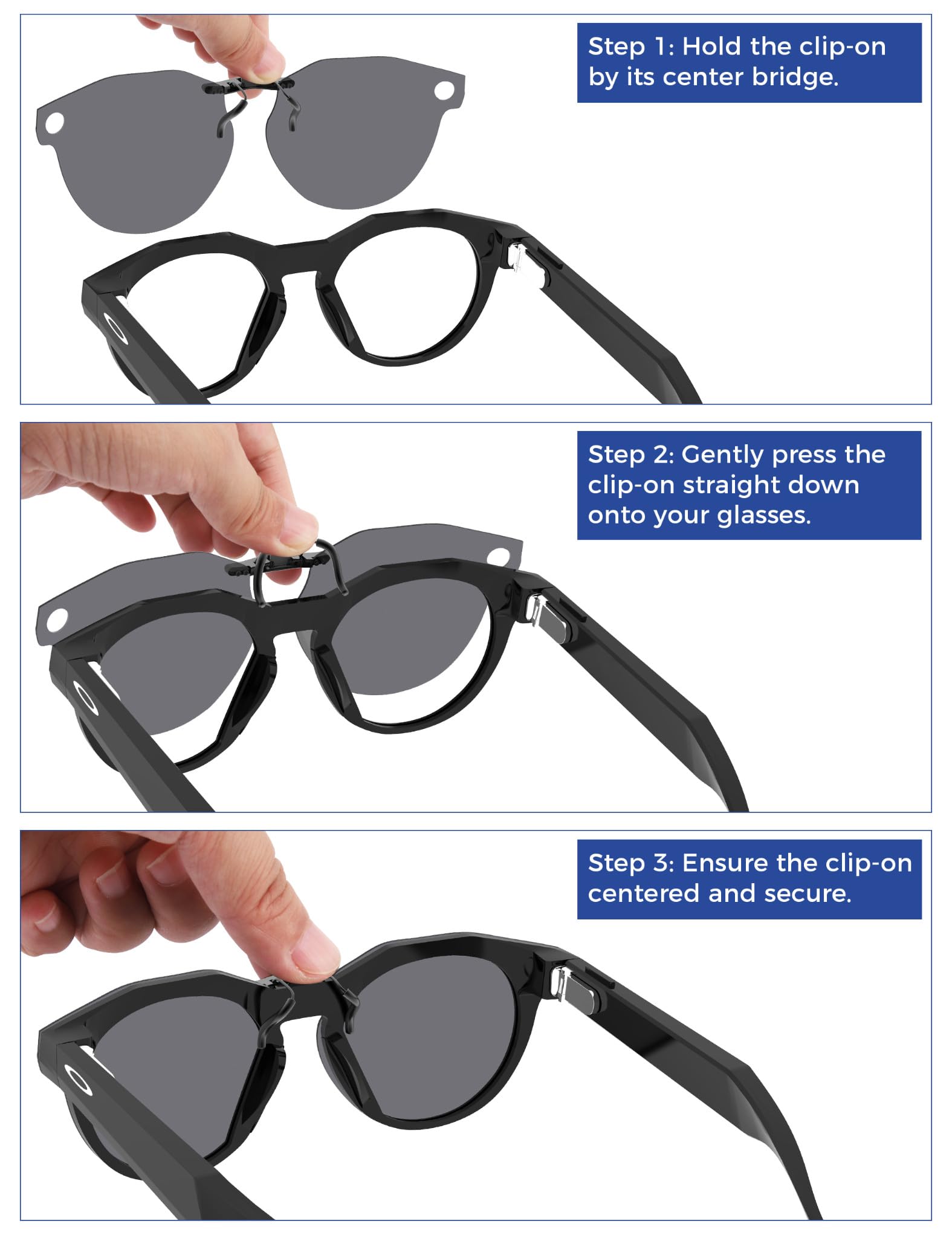 Packaging showing 1 pair of clip-on sunglasses