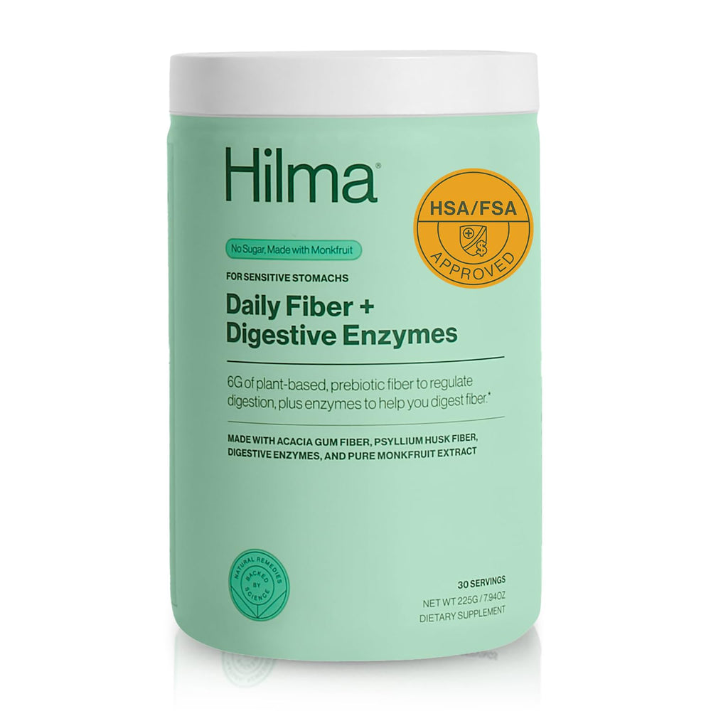 Hilma Daily Fiber and Digestive Enzymes bottle with scoop