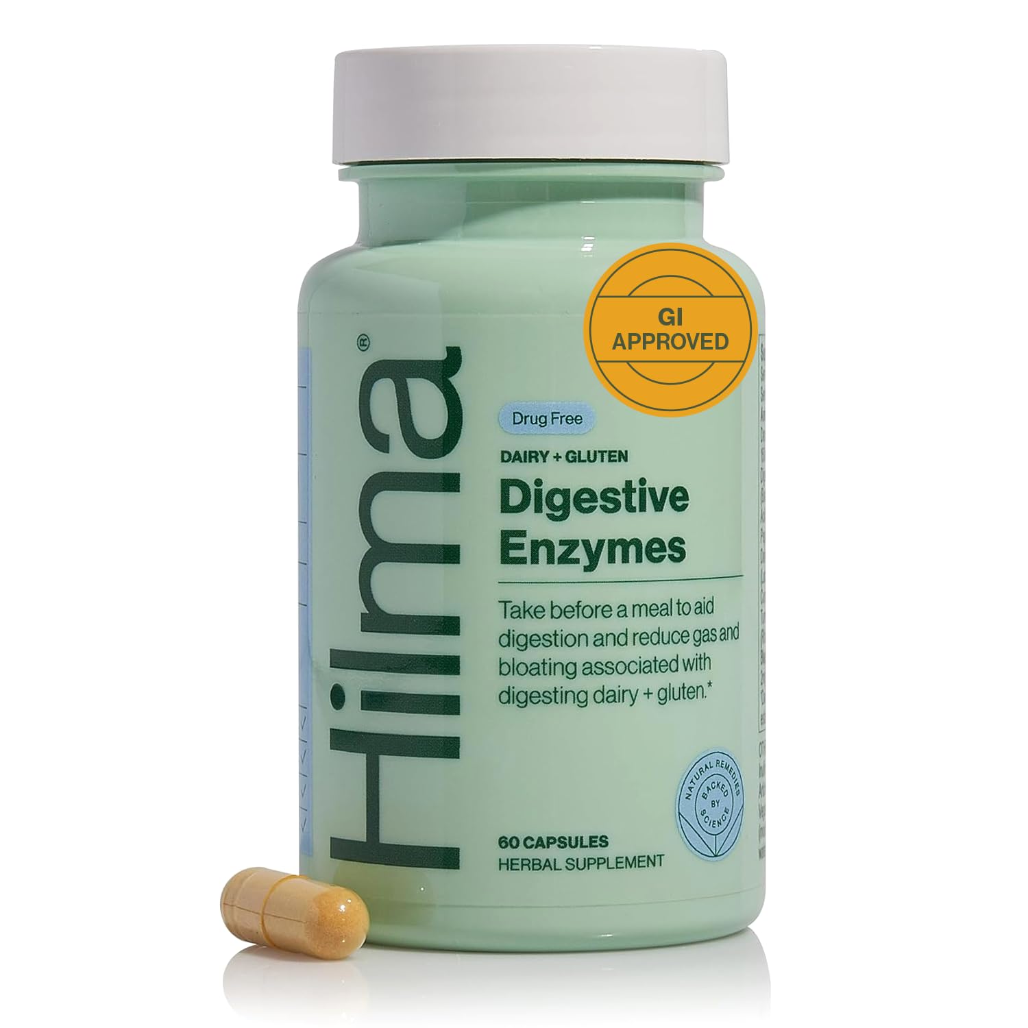 Hilma Digestive Enzymes for Women bottle with turmeric for bloating relief
