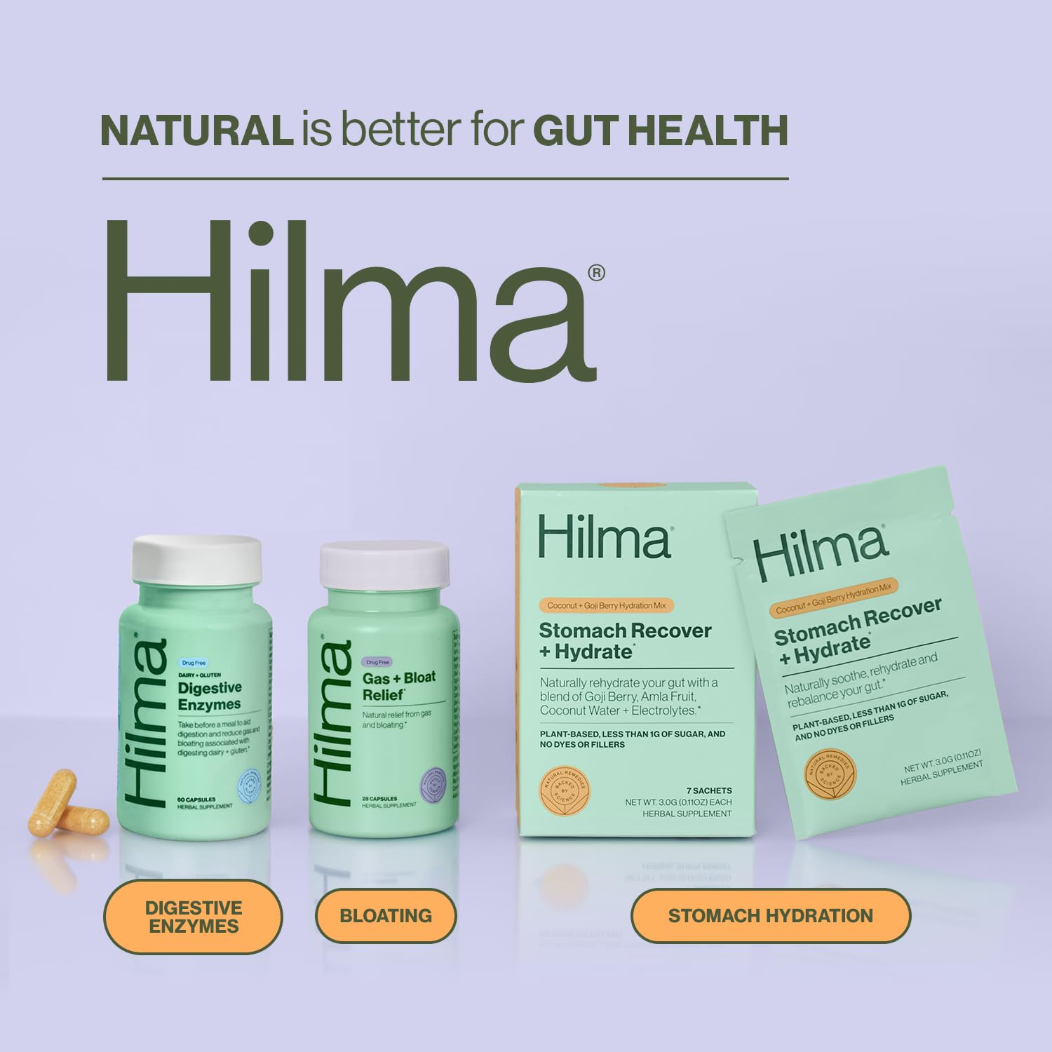 Natural, non-GMO, cruelty-free ingredients in Hilma digestive enzymes for women