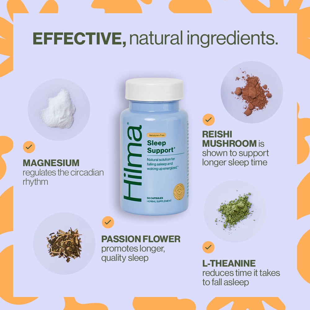 Graphic showing Magnesium, L-Theanine, Reishi mushroom, and Passionflower
