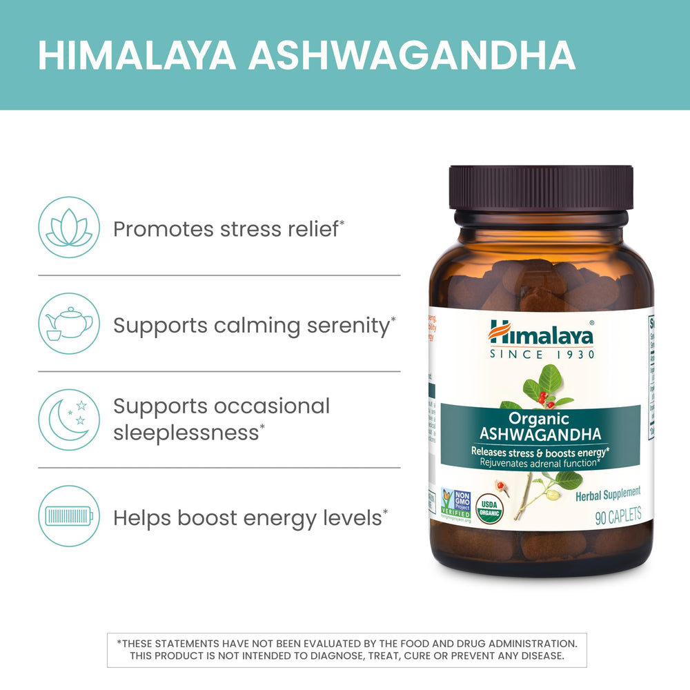 Close-up of Himalaya Ashwagandha bottle and caplets
