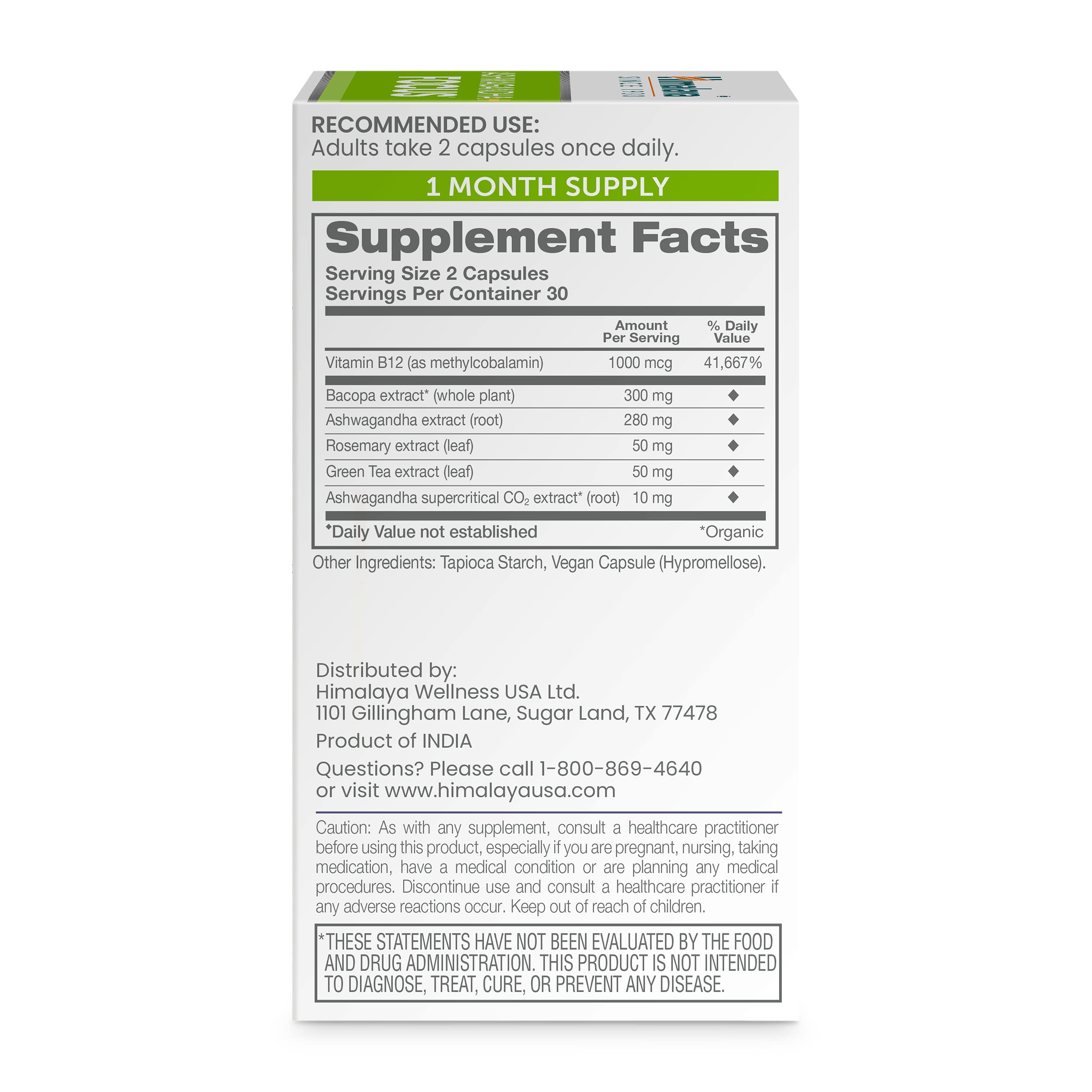 Front view of Himalaya Ashwagandha+ Focus packaging displaying 60 caplets