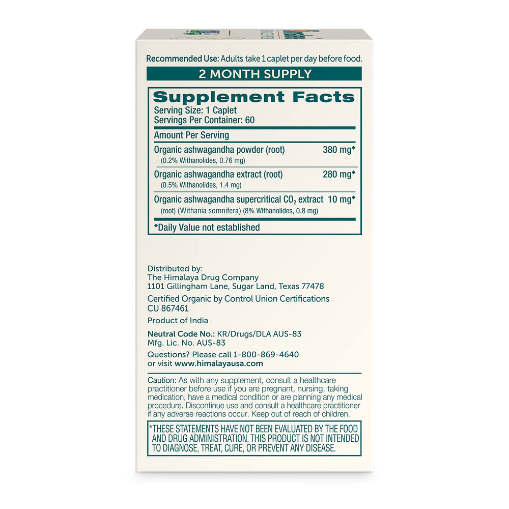 Himalaya Ashwagandha root bottle closeup highlighting organic, non-GMO caplets.