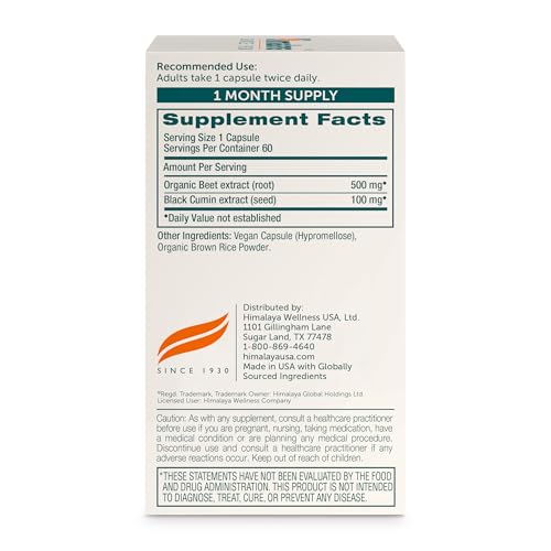 Himalaya Beet Root bottle close-up showing 60 capsules for daily blood pressure support routine.