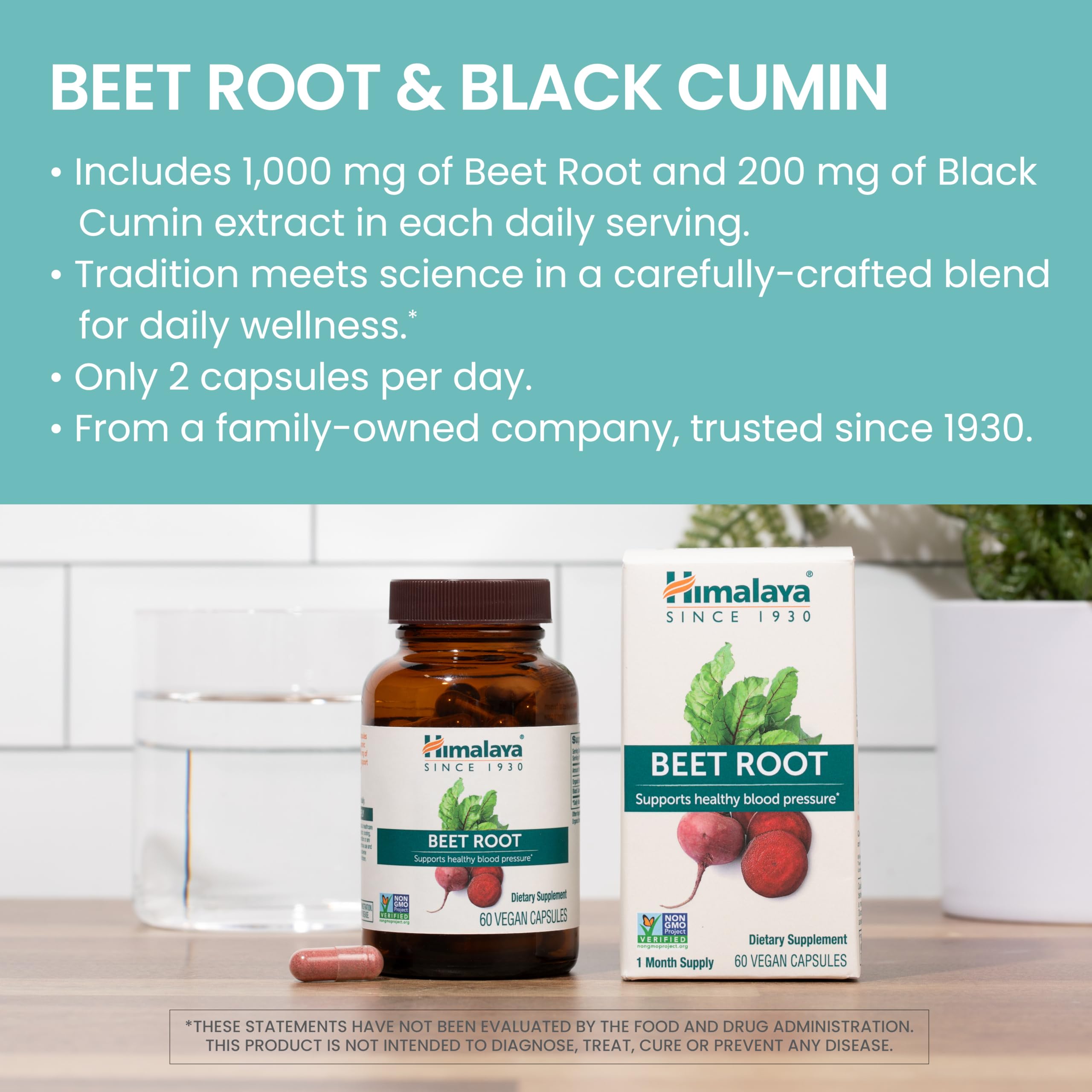 Himalaya Beet Root capsules dispensing illustration emphasizes easy 2-capsule daily routine for heart health.