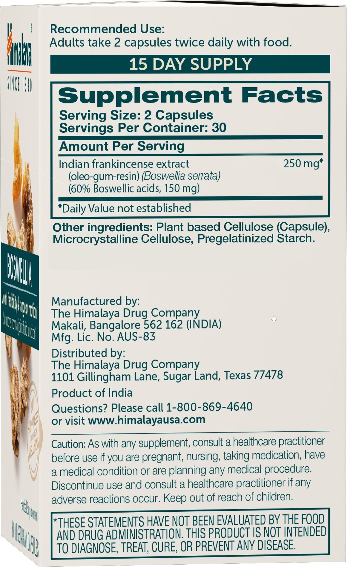 Close-up of Boswellia extract capsules showing 250 mg per serving