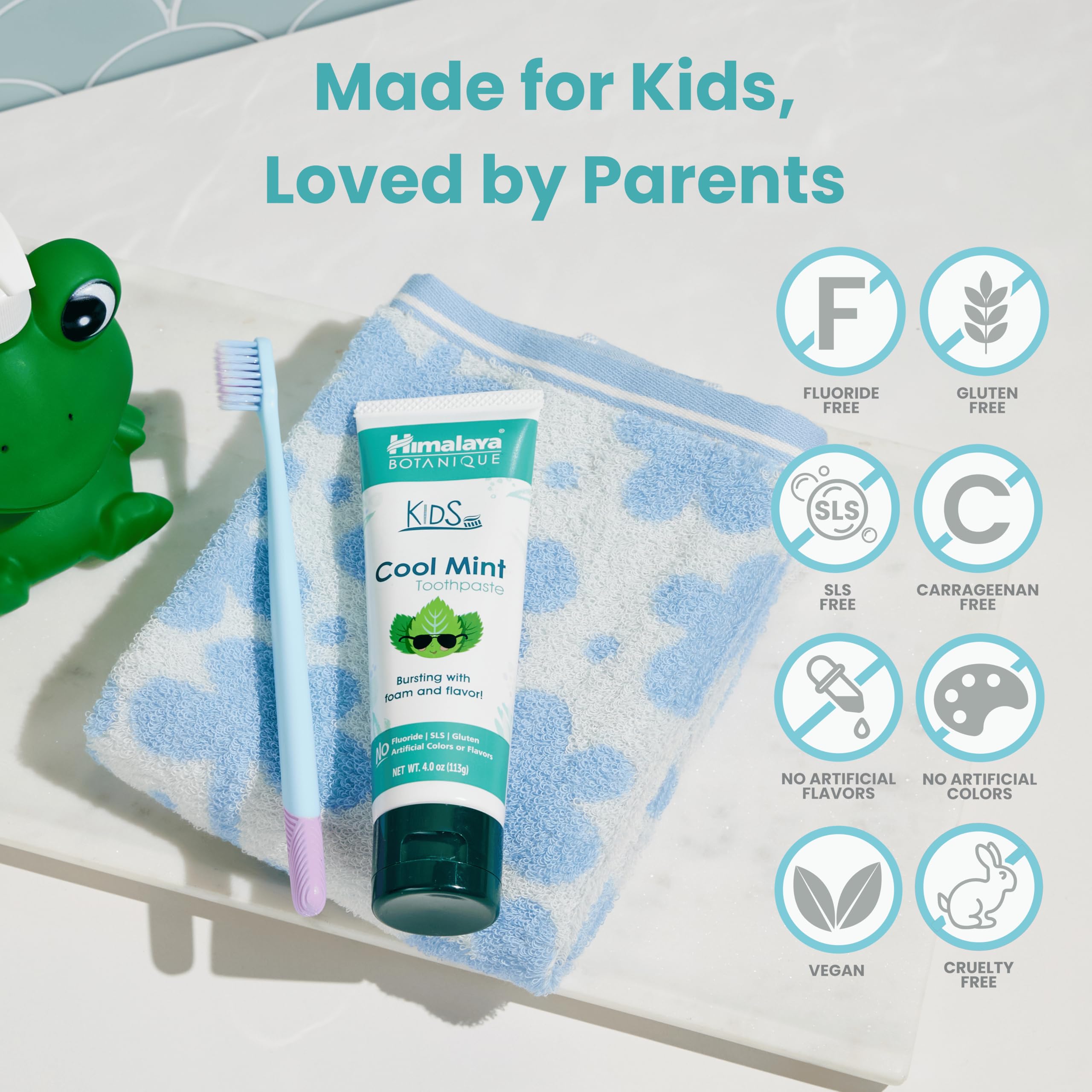 Kid brushing with cool mint flavored Himalaya Botanique Kids Toothpaste
