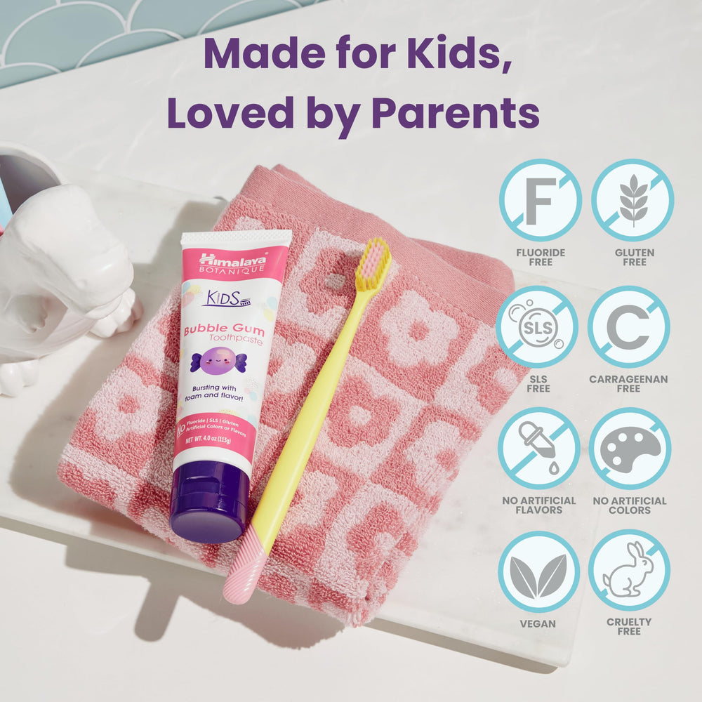 Close-up of Neem, Pomegranate, Coconut Oil, and Stevia ingredients on Himalaya Botanique Kids Toothpaste