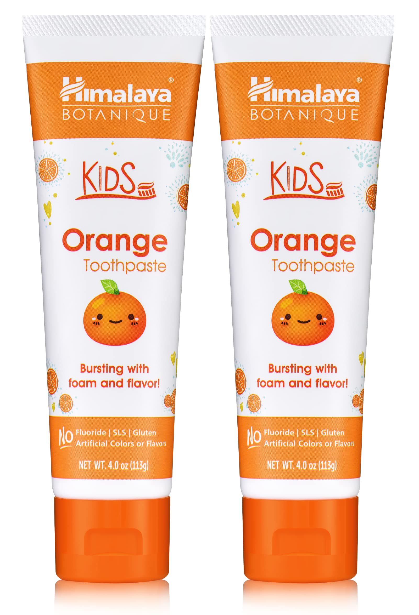 Front view of Himalaya Botanique Kids Toothpaste orange flavor 4 oz 2 pack