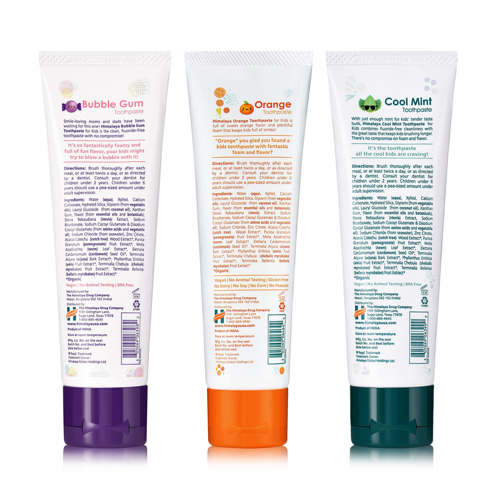 Close-up of Himalaya Botanique Kids Toothpaste flavors: Bubble Gum, Orange, Cool Mint