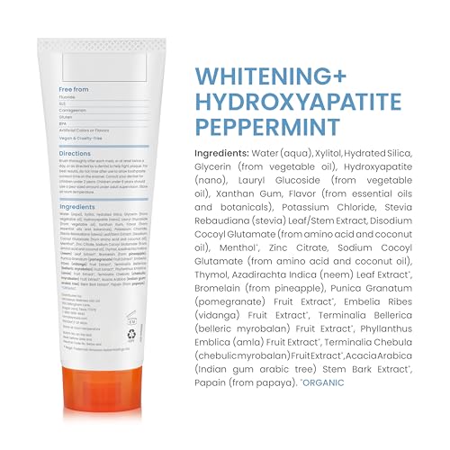Back packaging with usage and ingredient details for Himalaya Botanique Whitening Toothpaste Peppermint 4 oz 2-pack