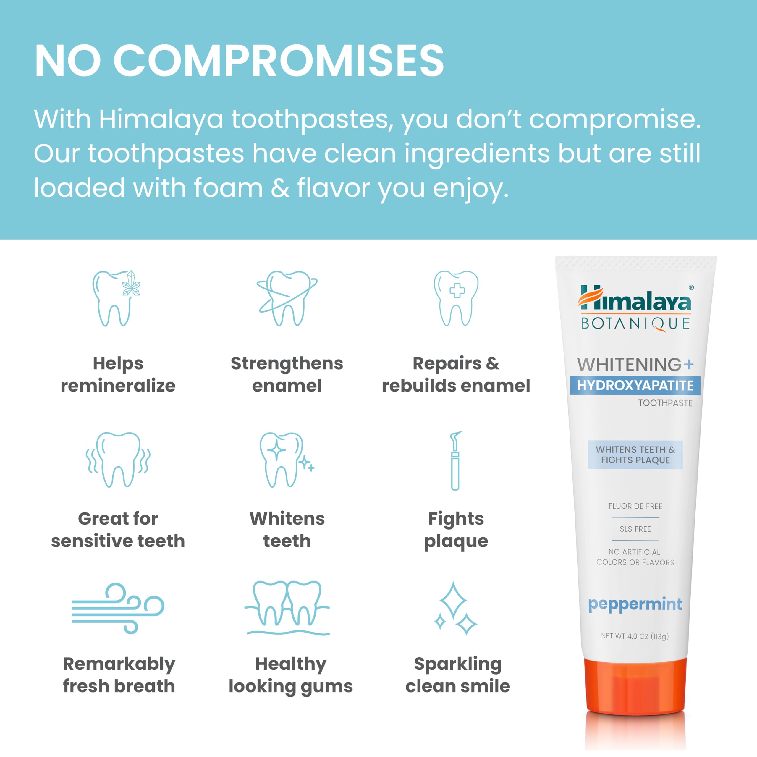 Ingredients panel featuring nano hydroxyapatite and herbal whitening formula