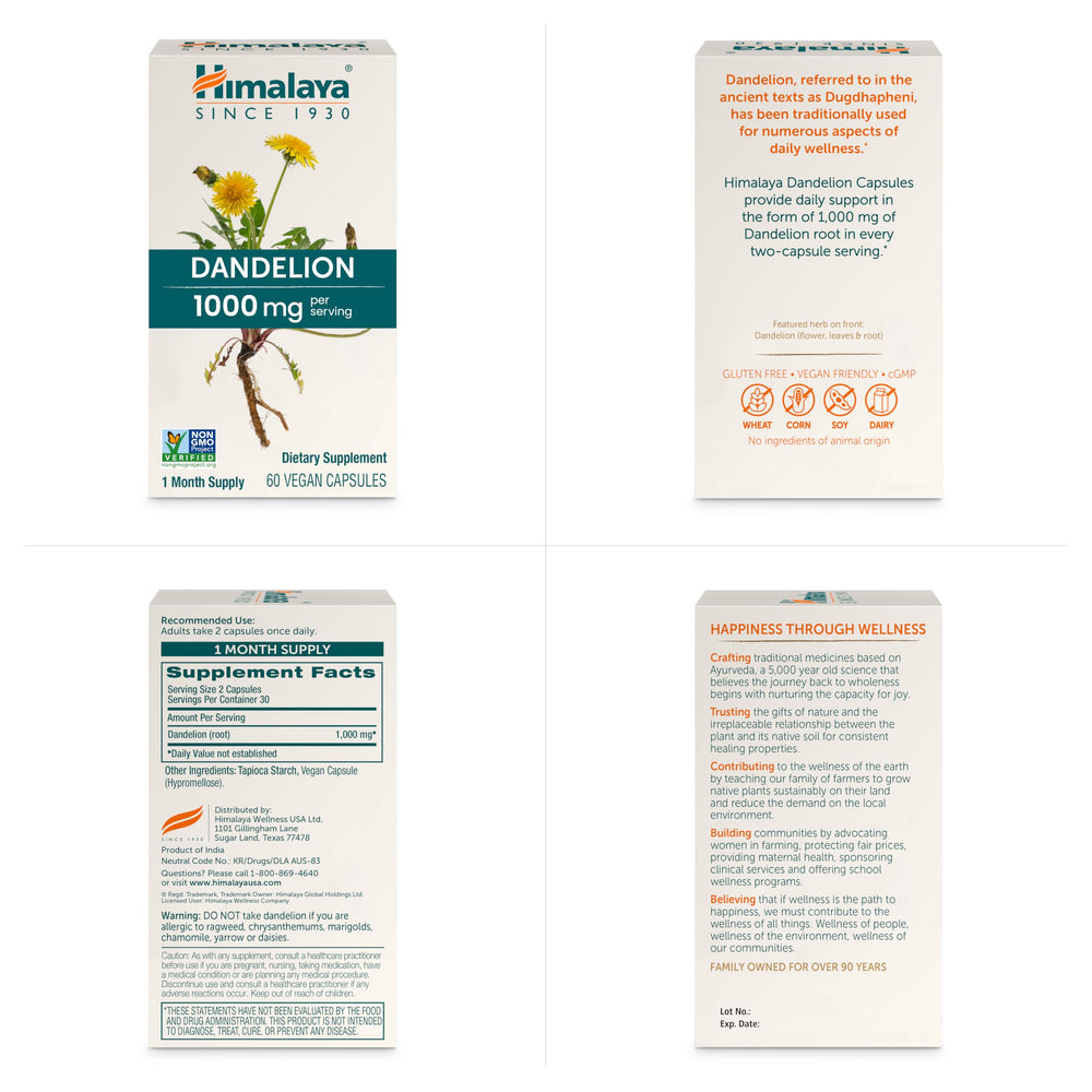 Close-up of Dandelion root capsules showing 1000 mg serving