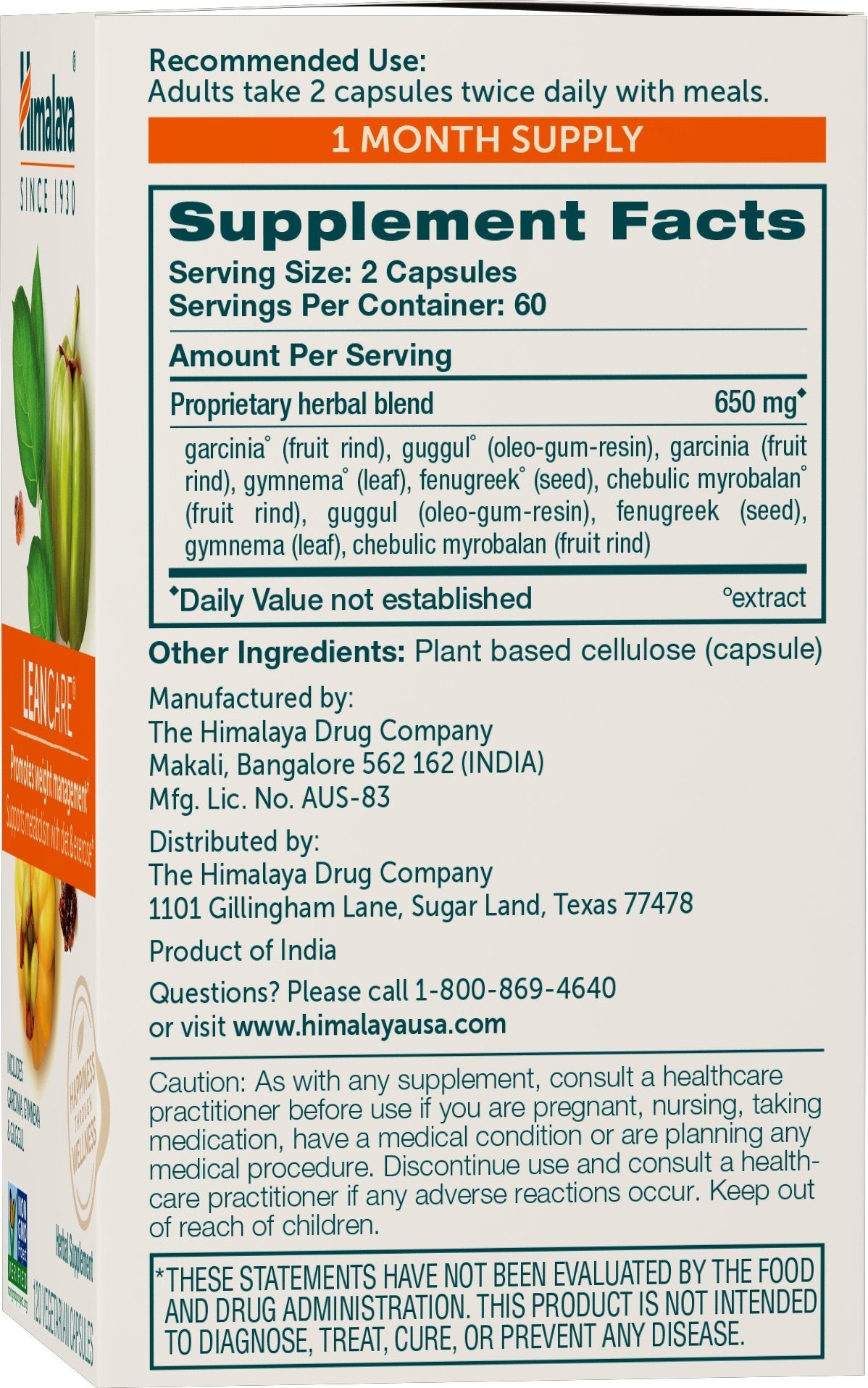 Himalaya LeanCare capsules close-up; vegan weight-support formula for daily wellness.