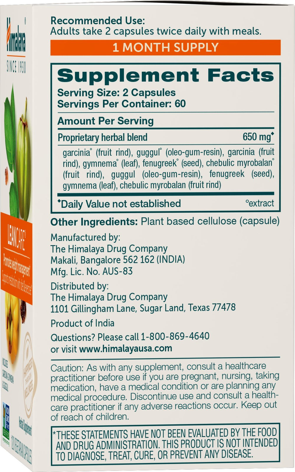 Himalaya LeanCare capsules close-up; vegan weight-support formula for daily wellness.