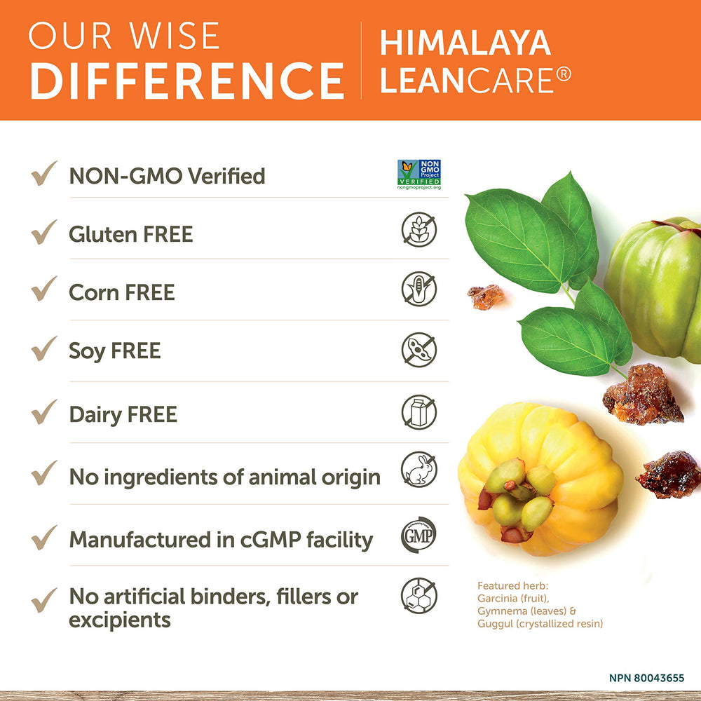 Himalaya LeanCare packaging; vegan, non-GMO, gluten-free formula for dietary flexibility.