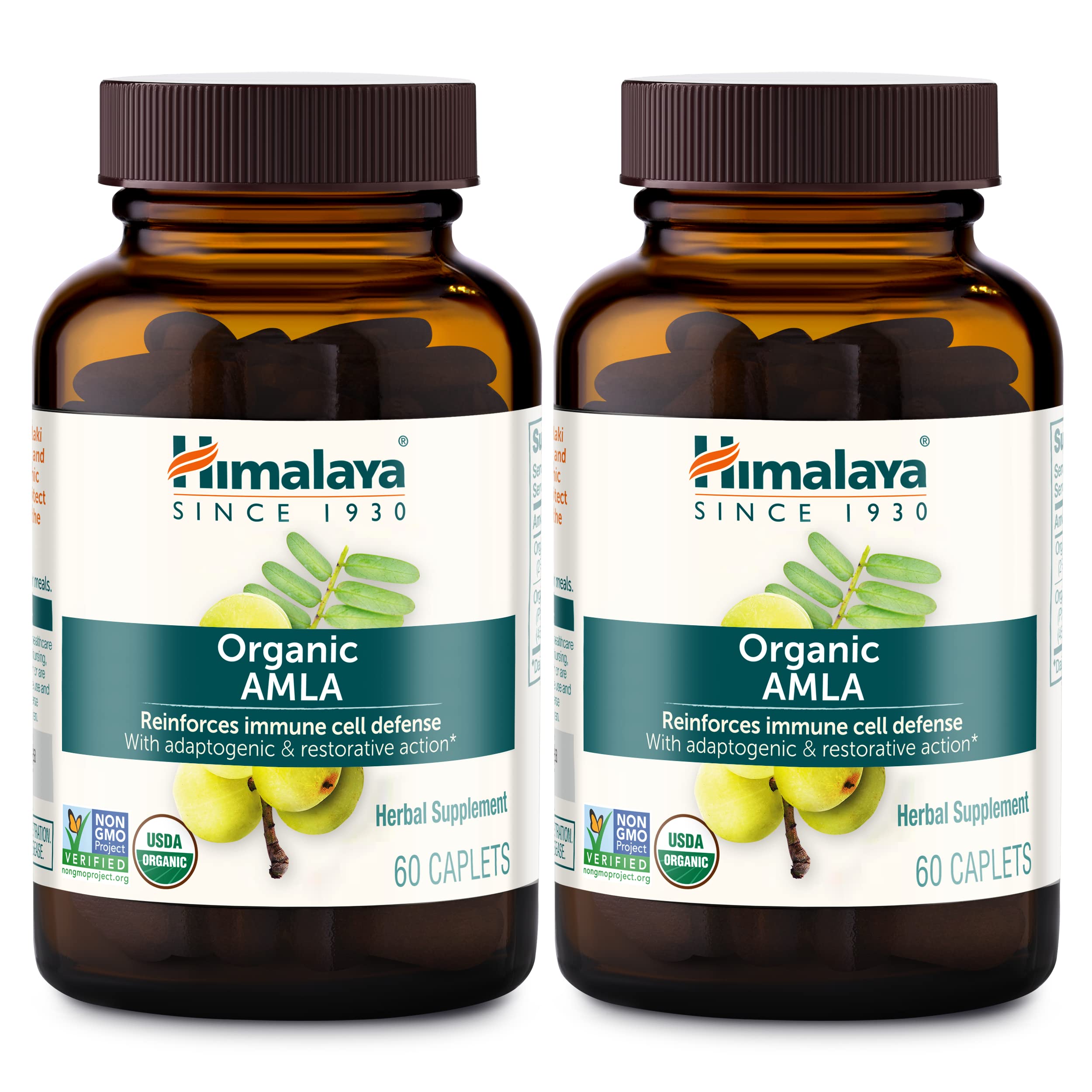 Front view of Himalaya Organic Amla 600 mg bottle with 60 caplets