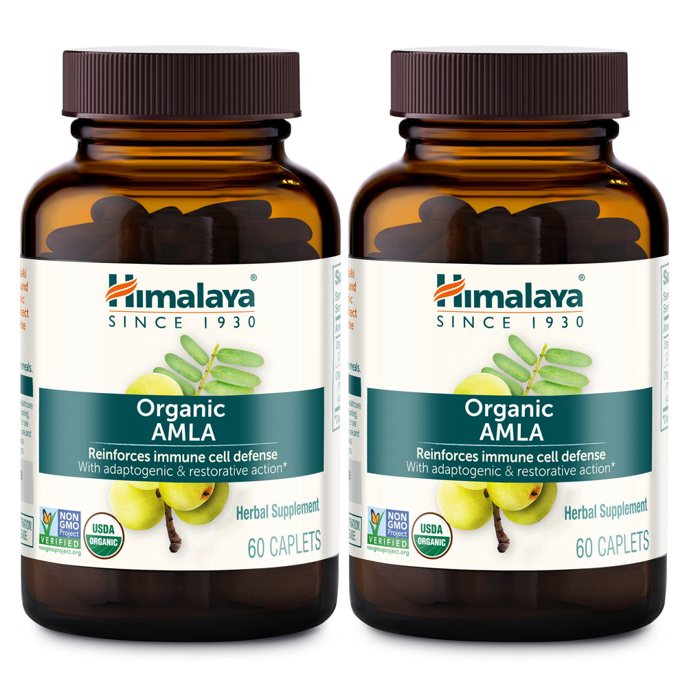 Front view of Himalaya Organic Amla 600 mg bottle with 60 caplets