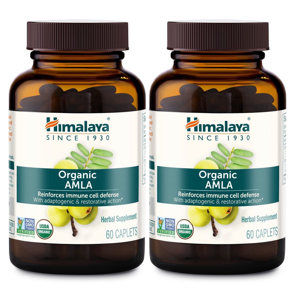 Front view of Himalaya Organic Amla 600 mg bottle with 60 caplets