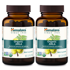 Front view of Himalaya Organic Amla 600 mg bottle with 60 caplets