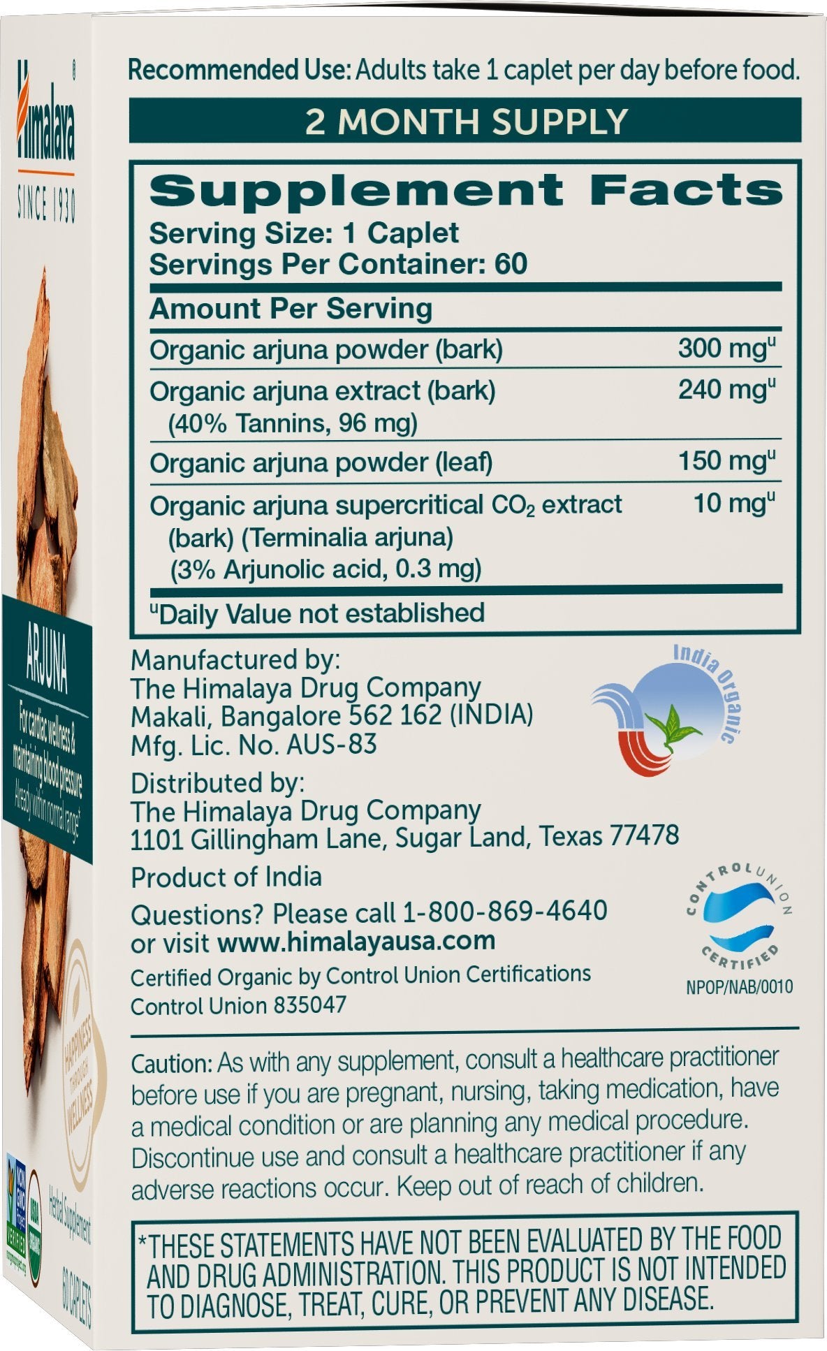 Himalaya Organic Arjuna 700mg bottle side view showing 60-count caplets