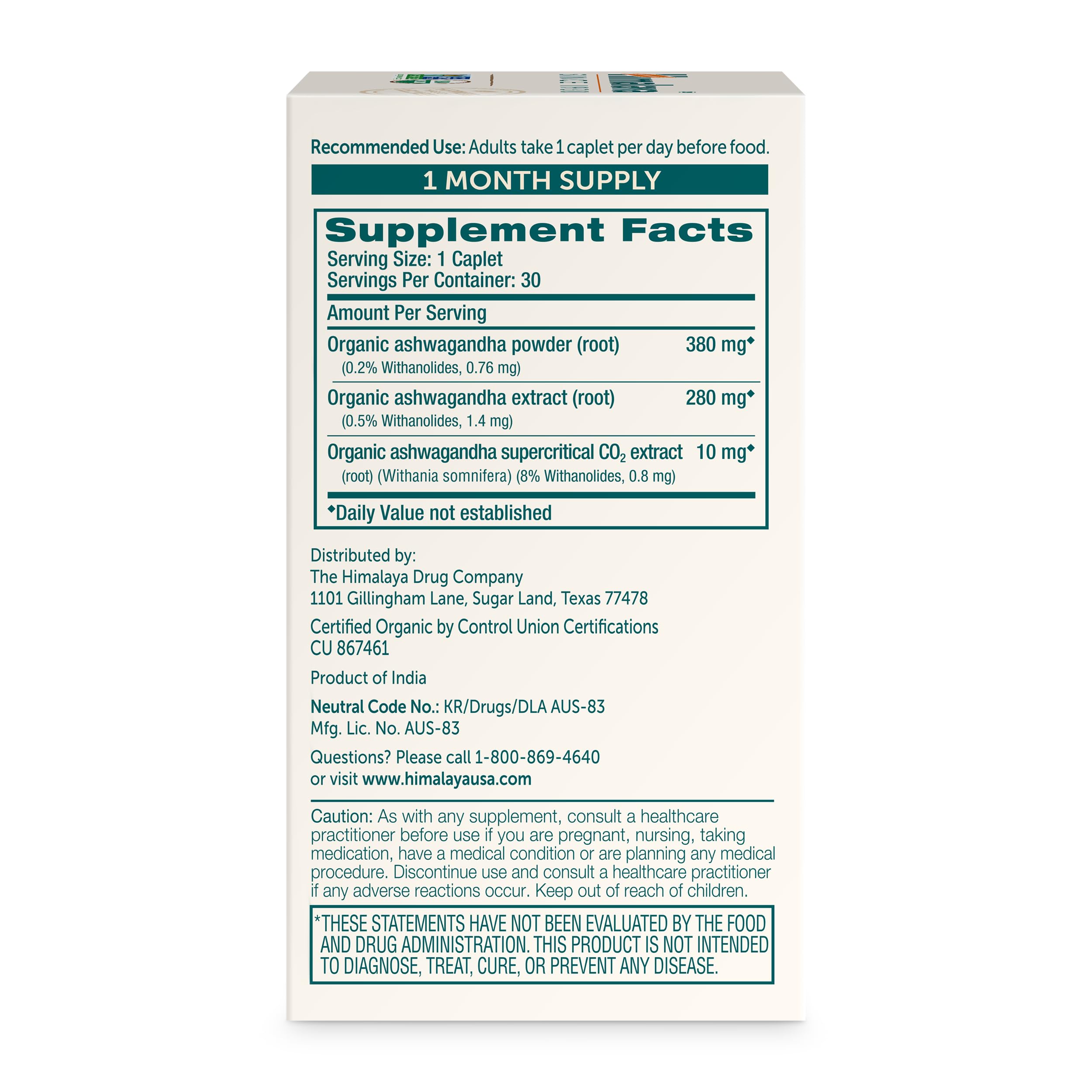Himalaya Organic Ashwagandha label front with USDA Organic seal