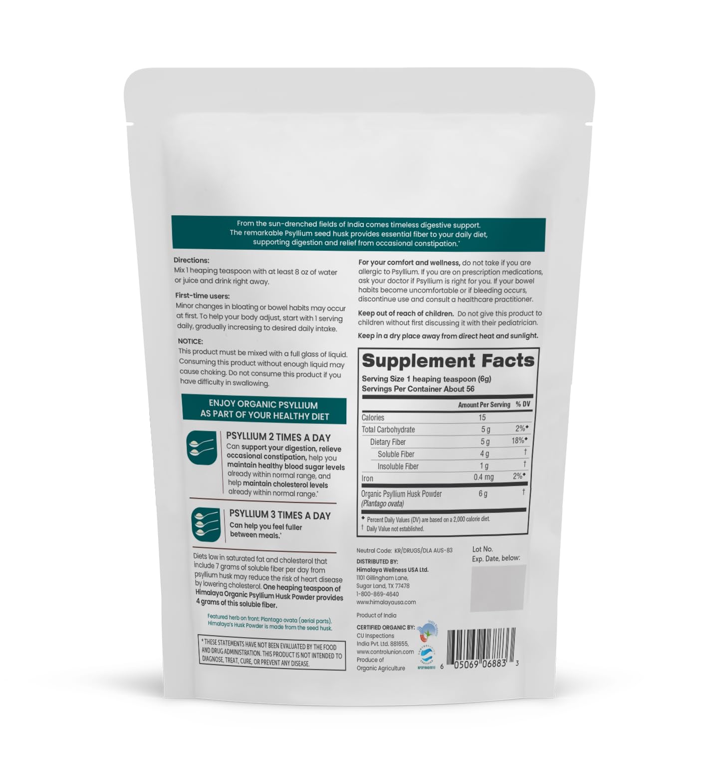 Front view of Himalaya Psyllium Husk Powder packaging showing USDA Organic and Non-GMO labels