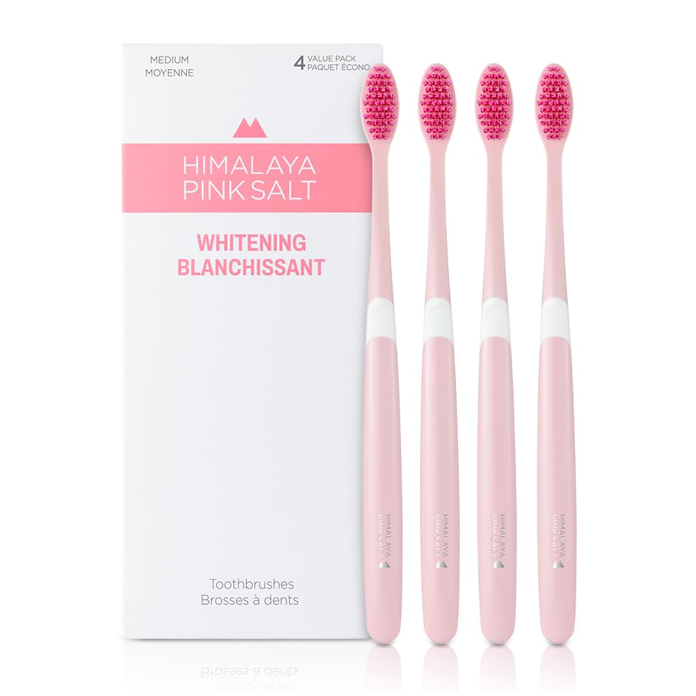 Front view of Himalaya PinkSalt Natural Toothbrush in 4-count package