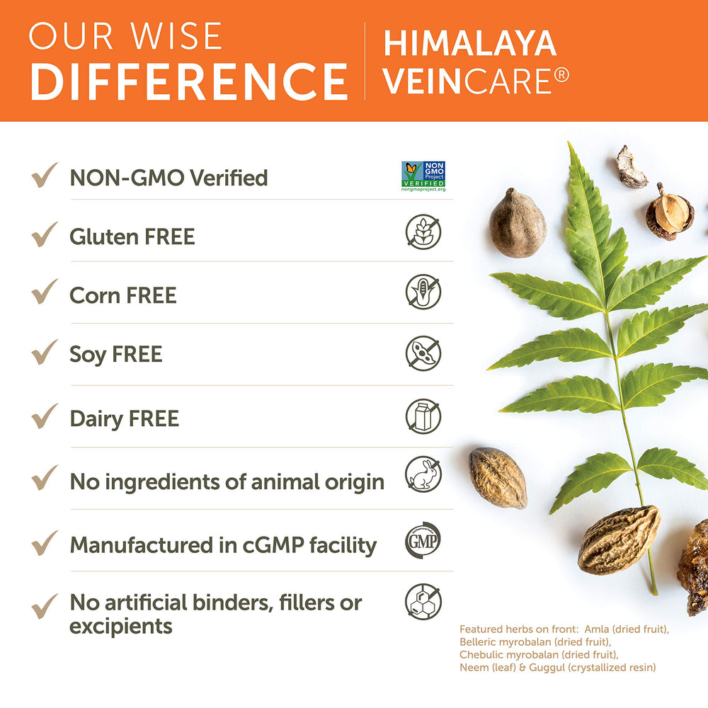 Vegan, non-GMO, gluten-free Himalaya Veincare capsules