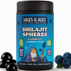 Front label of Himalayan Shilajit Gummies with Blueberry flavor, 60-count package.