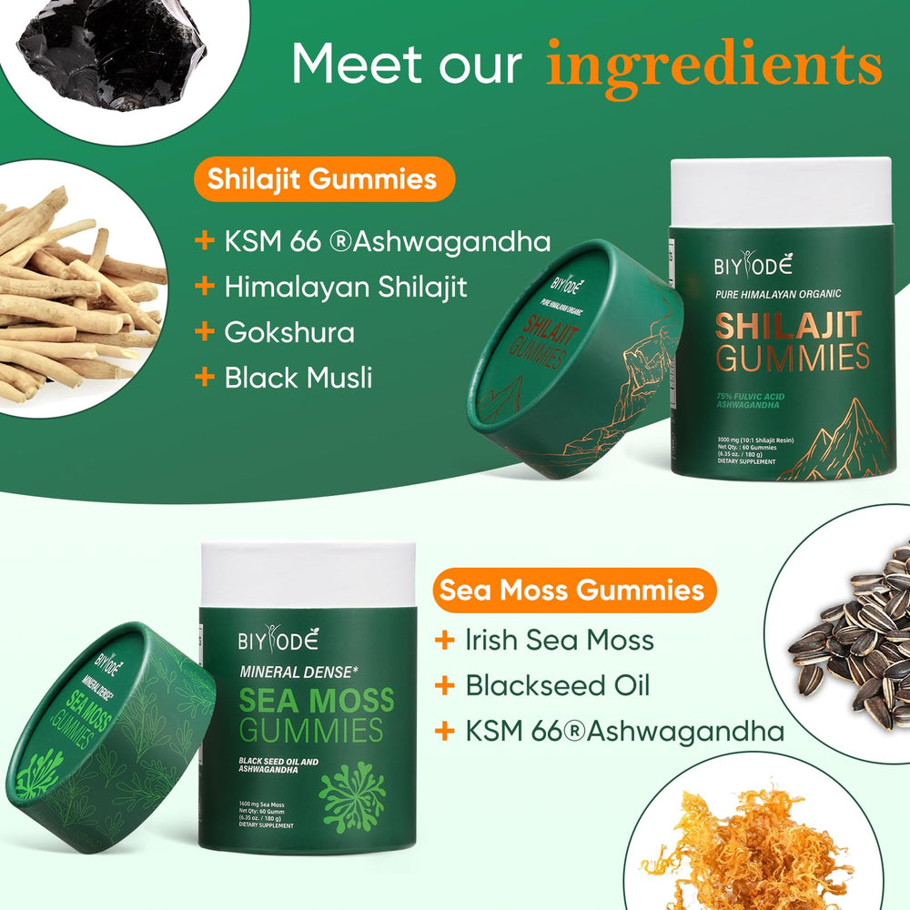 Gummies label highlighting Sea Moss 1600 mg and KSM-66 Ashwagandha