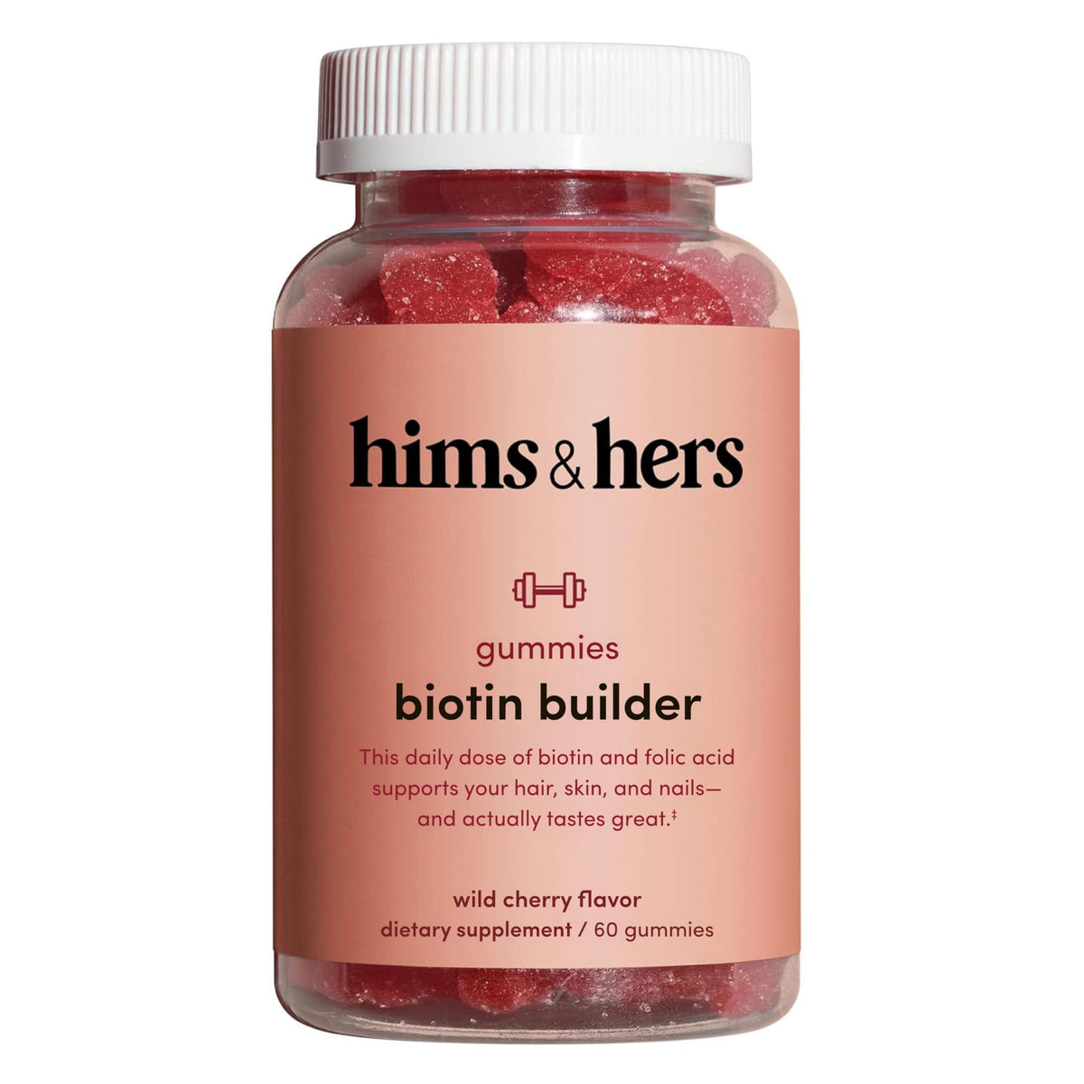 Front view of Hims & Hers Biotin Builder Gummy bottle in Wild Cherry flavor, 60 count