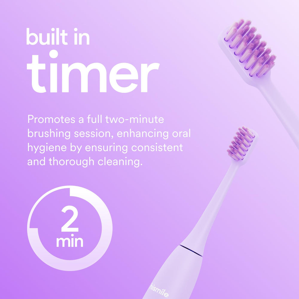 Built-in timer feature highlighted on the Purple HISMILE toothbrush