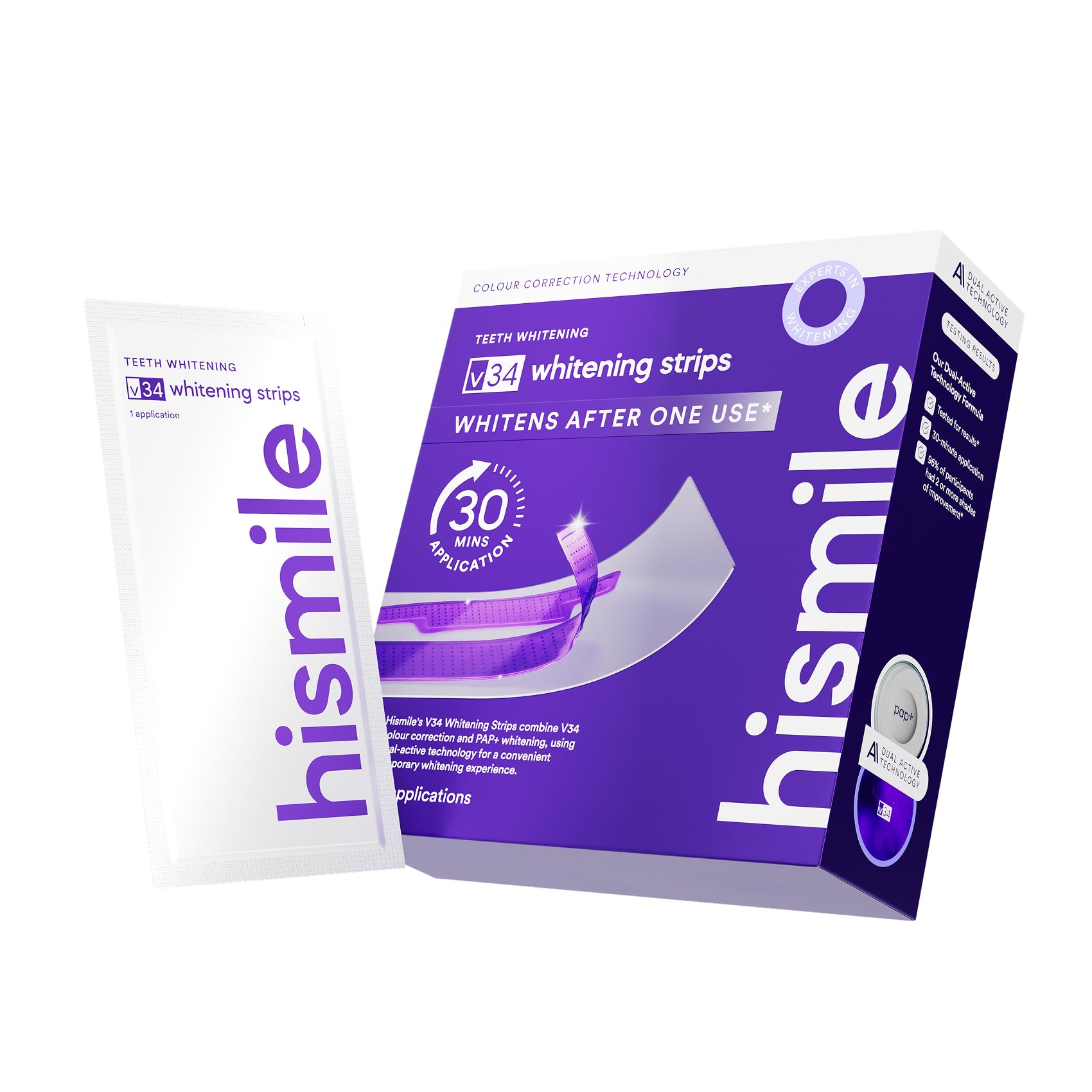 Hismile V34 Purple Tooth Whitening Strips package showing 14 strips (top and bottom)