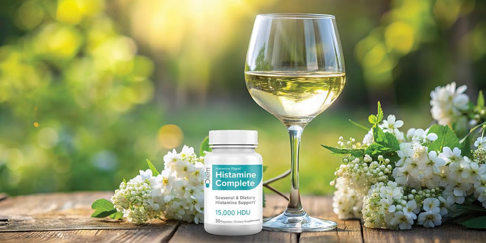 Natural wellness setting with Histamine Complete bottle on a light background